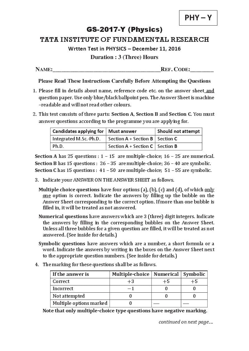 TIFR GS 2017 Question Paper Physics Y