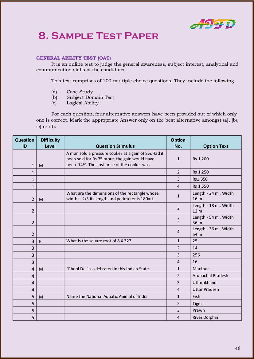 AIFD 2024 Sample Paper AglaSem Admission