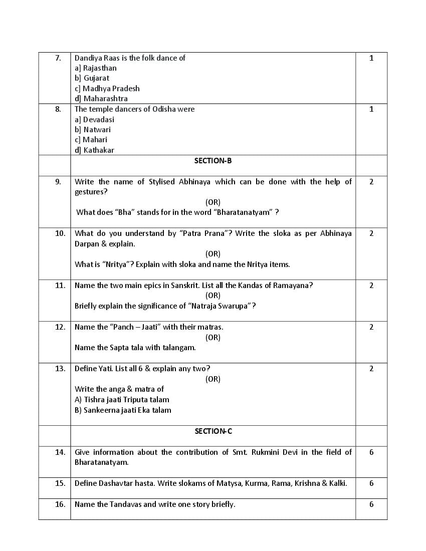 Class 12 Bharatnatyam Sample Paper 2023 With Solution PDF Download ...