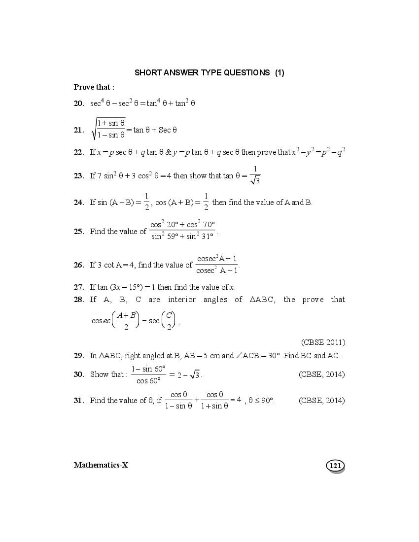 Class 10 Maths Extra Questions Chapter 8 Introduction to Trigonometry - Page 1