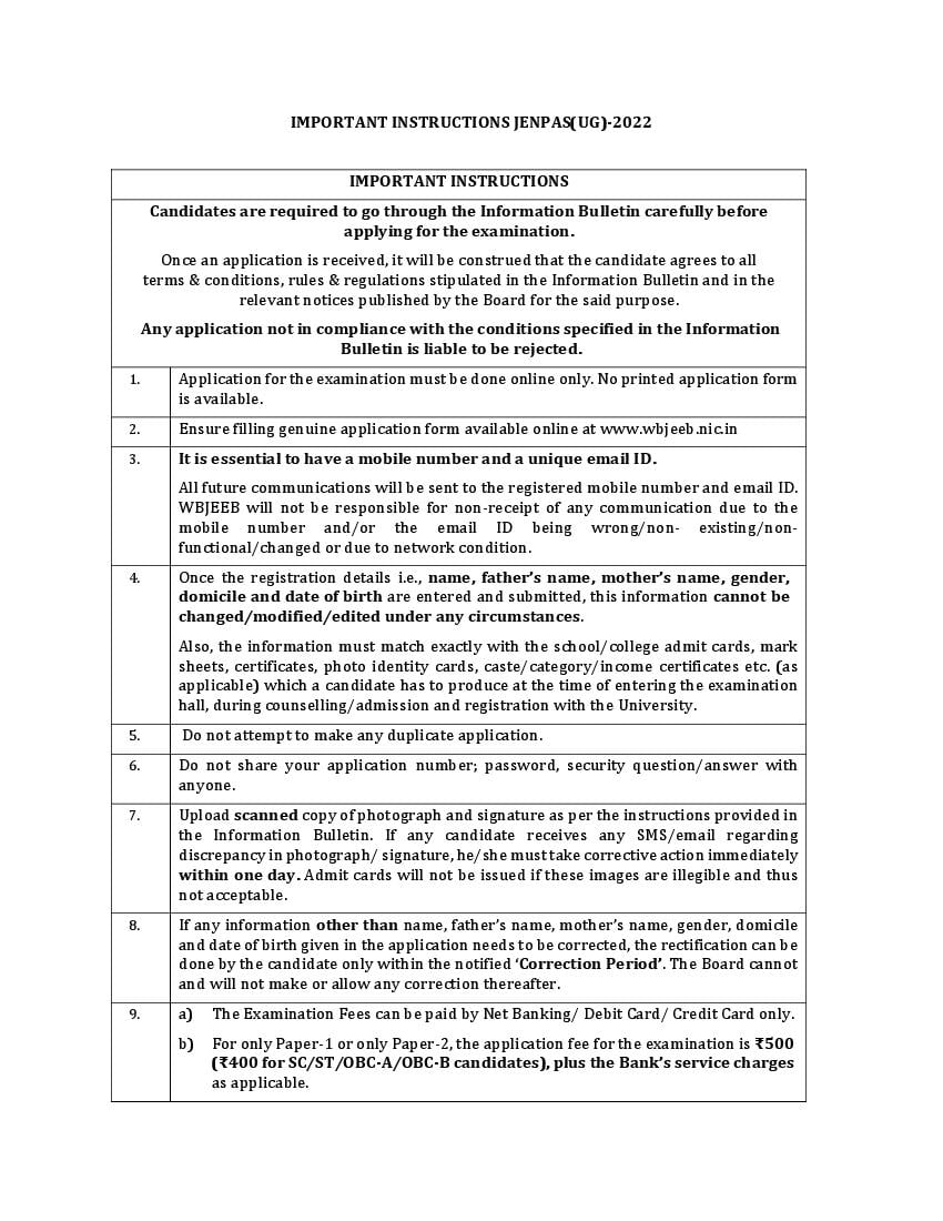 WBJEE JENPAS UG 2022 Important Instructions - Page 1