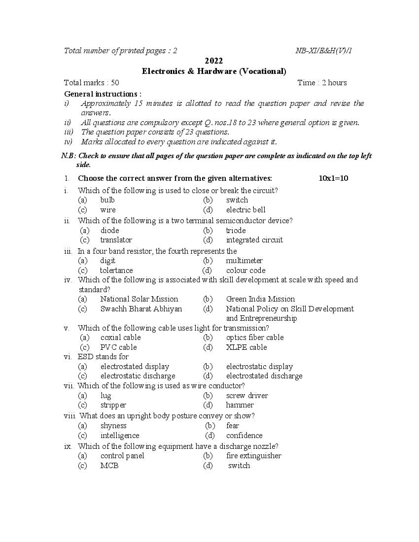 NBSE Class 11 Question Paper 2022 Electronics and Hardware - Page 1