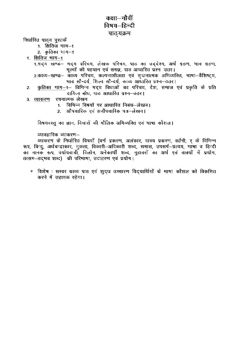 HBSE Class 9 Syllabus 2023 Hindi - Page 1