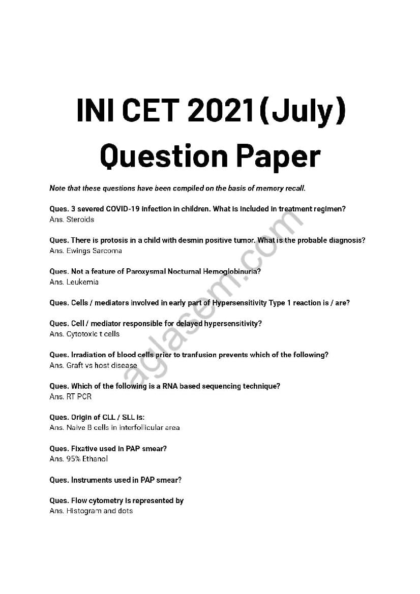 INI CET 2021 July Question Paper (based on memory recall) - Page 1
