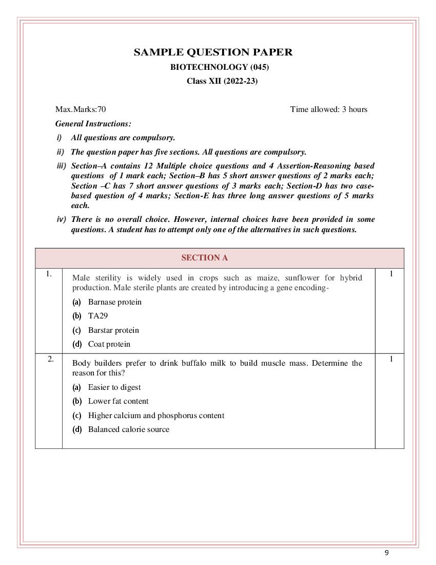 CBSE Class 12 Sample Paper 2023 Biotechnology - Page 1