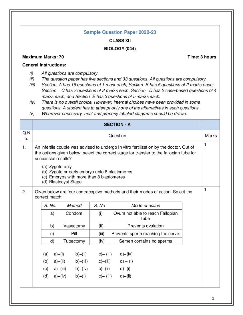 CBSE Class 12 Sample Paper 2023 Biology - Page 1