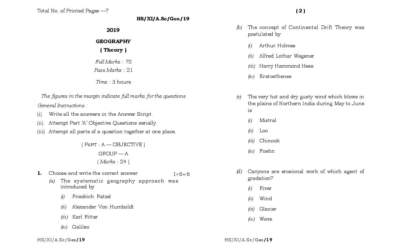 MBOSE Class 11 Question Paper 2019 for Geography - Page 1