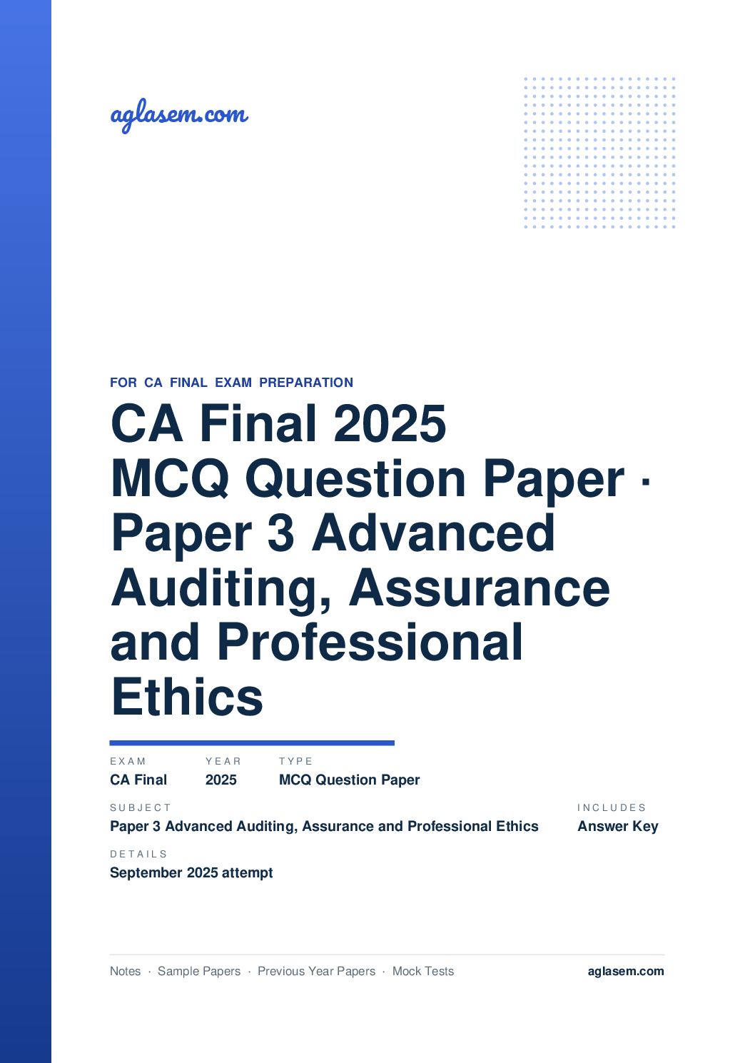CA Final September 2025 MCQ Question Paper with Answer Key Paper 3 Advanced Auditing, Assurance and Professional Ethics - Page 1 of 18