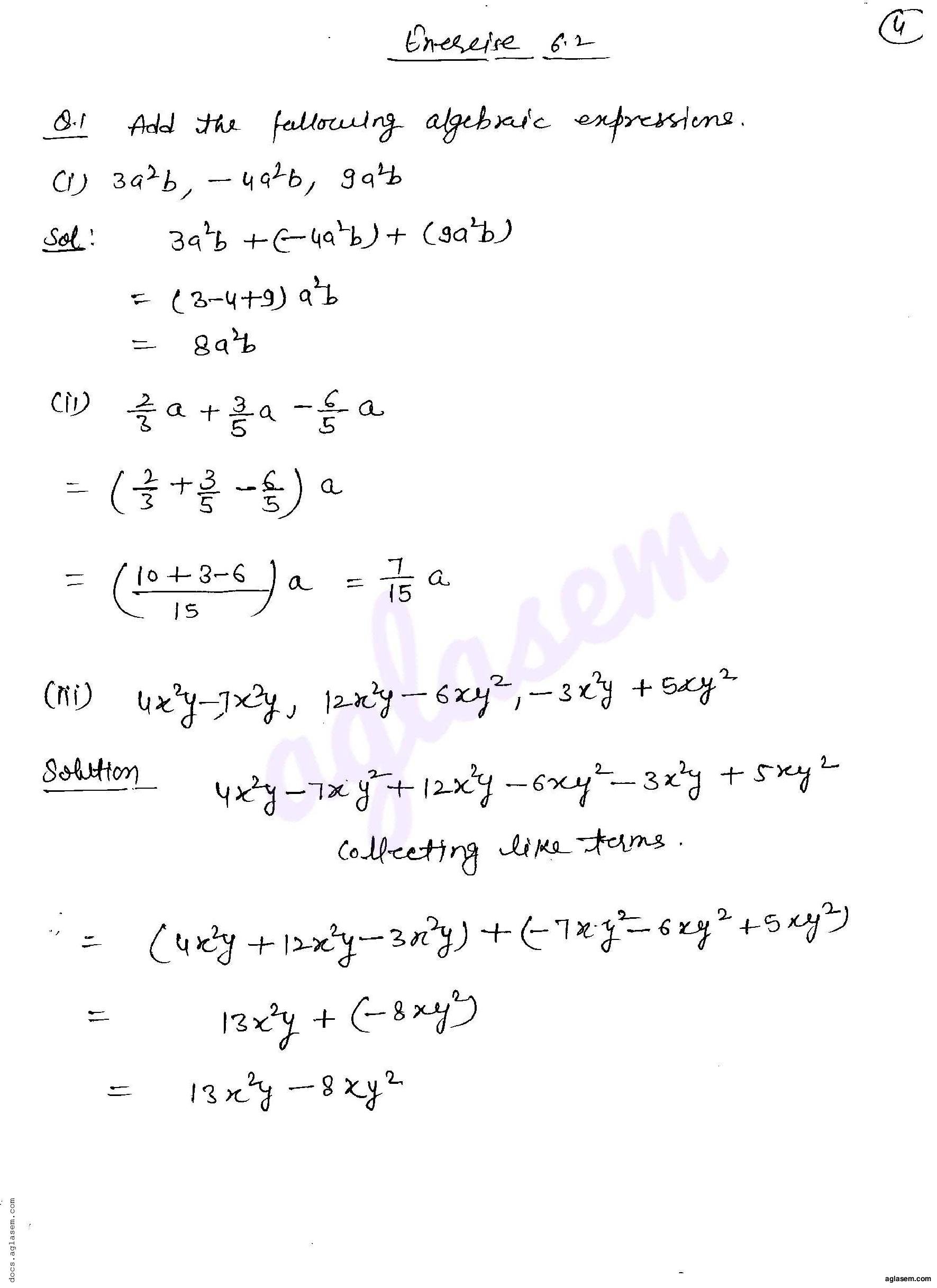 RD Sharma Solutions Class 8 Chapter 6 Algebraic Expressions and identities Exercise 6.2 - Page 1