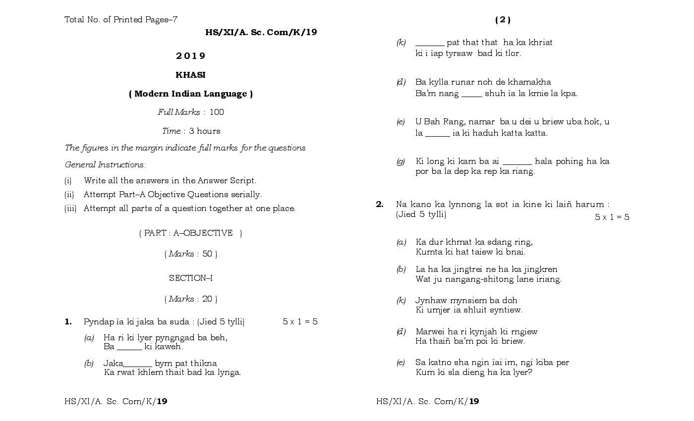 MBOSE Class 11 Question Paper 2019 for Khasi MIL - Page 1