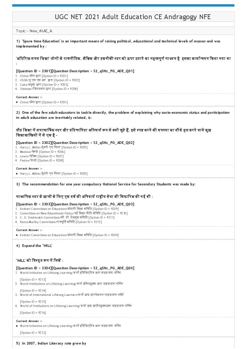 UGC NET 2021 Question Paper Adult Education Shift 2 - Page 1