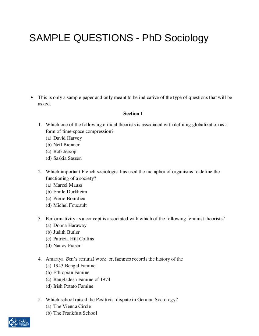 phd entrance exam question papers for sociology