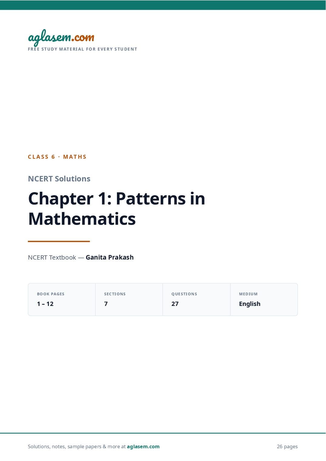 NCERT Solutions Class 6 Maths Chapter 1 Patterns in Mathematics - Page 1 of 27