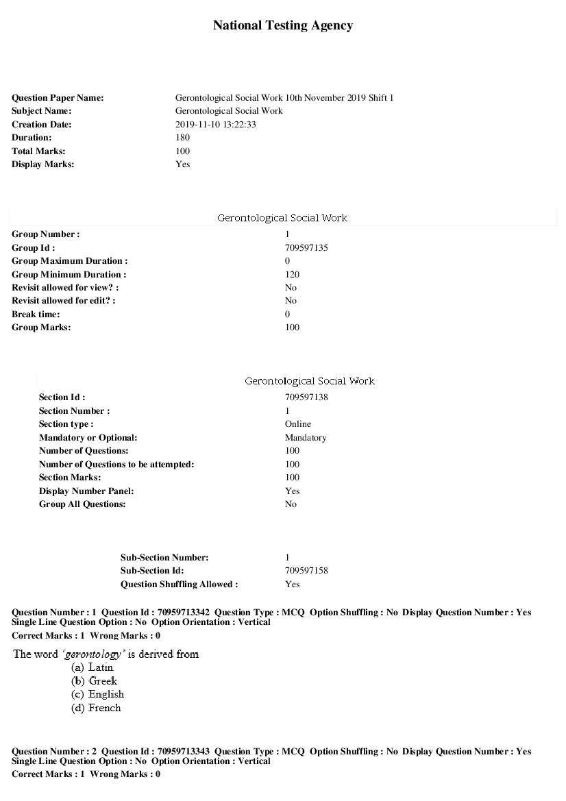 SWAYAM 2019 Question Paper Gerontological Social Work - Page 1 of 19