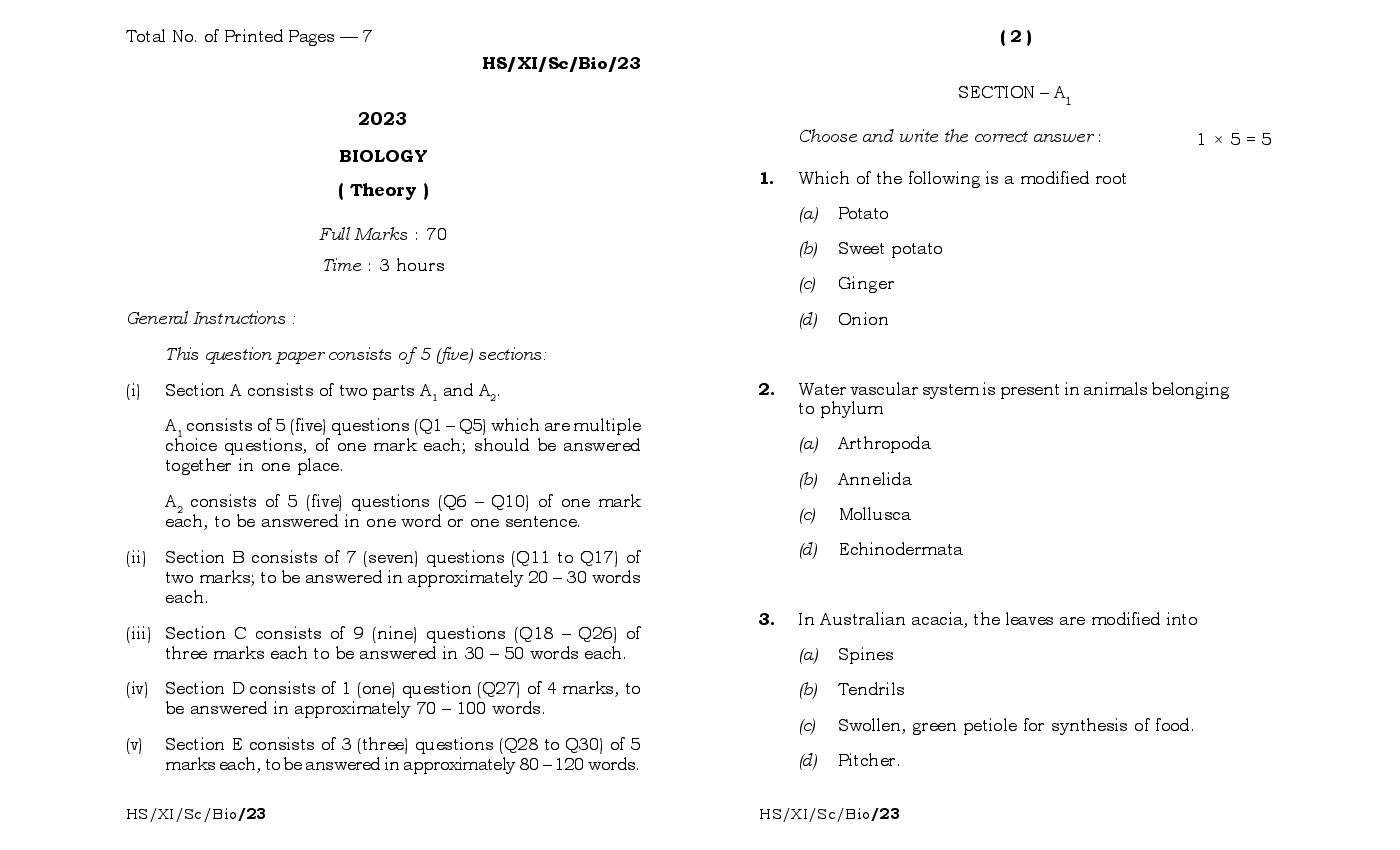 MBOSE Class 11 Question Paper 2023 for Biology - Page 1