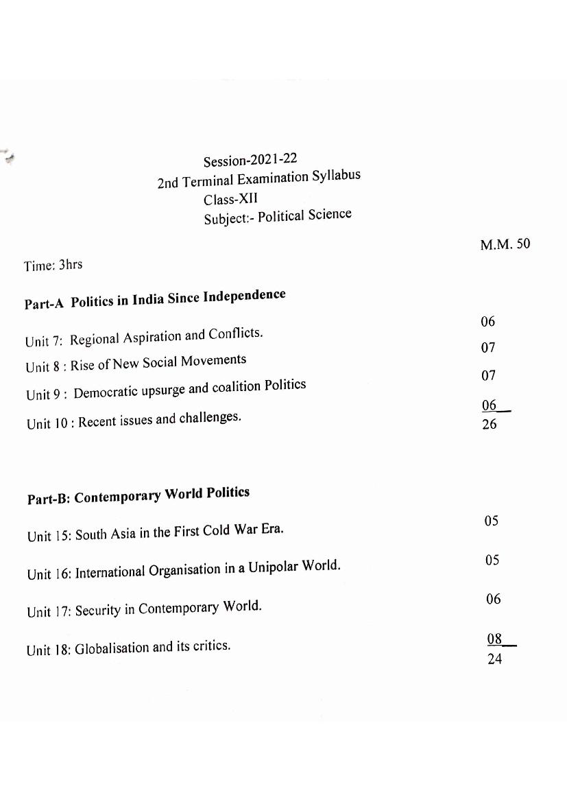 HP Board Class 12 Syllabus 2022 Political Science - Page 1