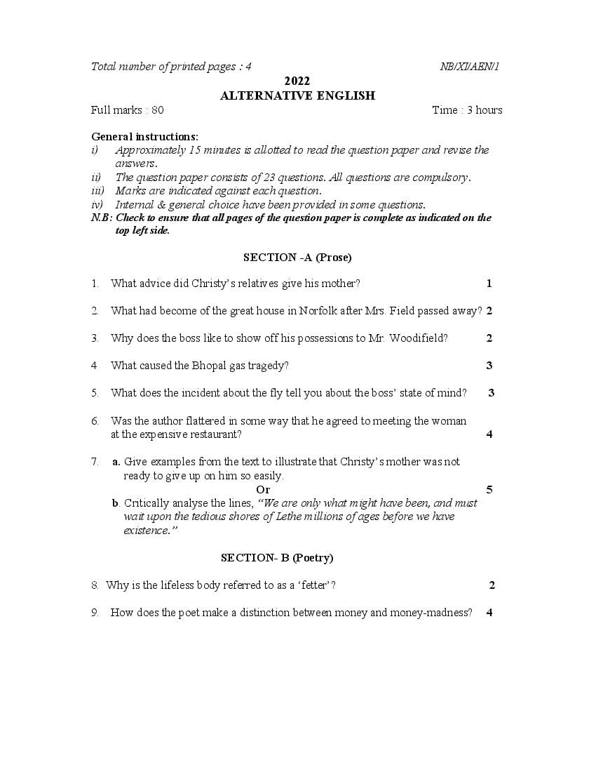 NBSE Class 11 Question Paper 2022 English Alternative - Page 1