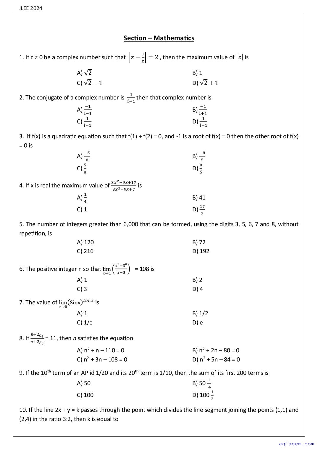 Assam JLEE 2024 Question Paper Civil Engineering - Page 1 of 11