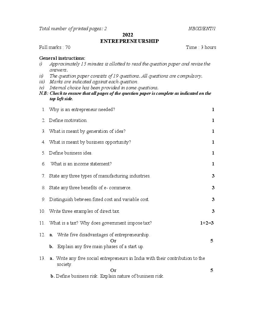NBSE Class 11 Question Paper 2022 Entrepreneurship - Page 1