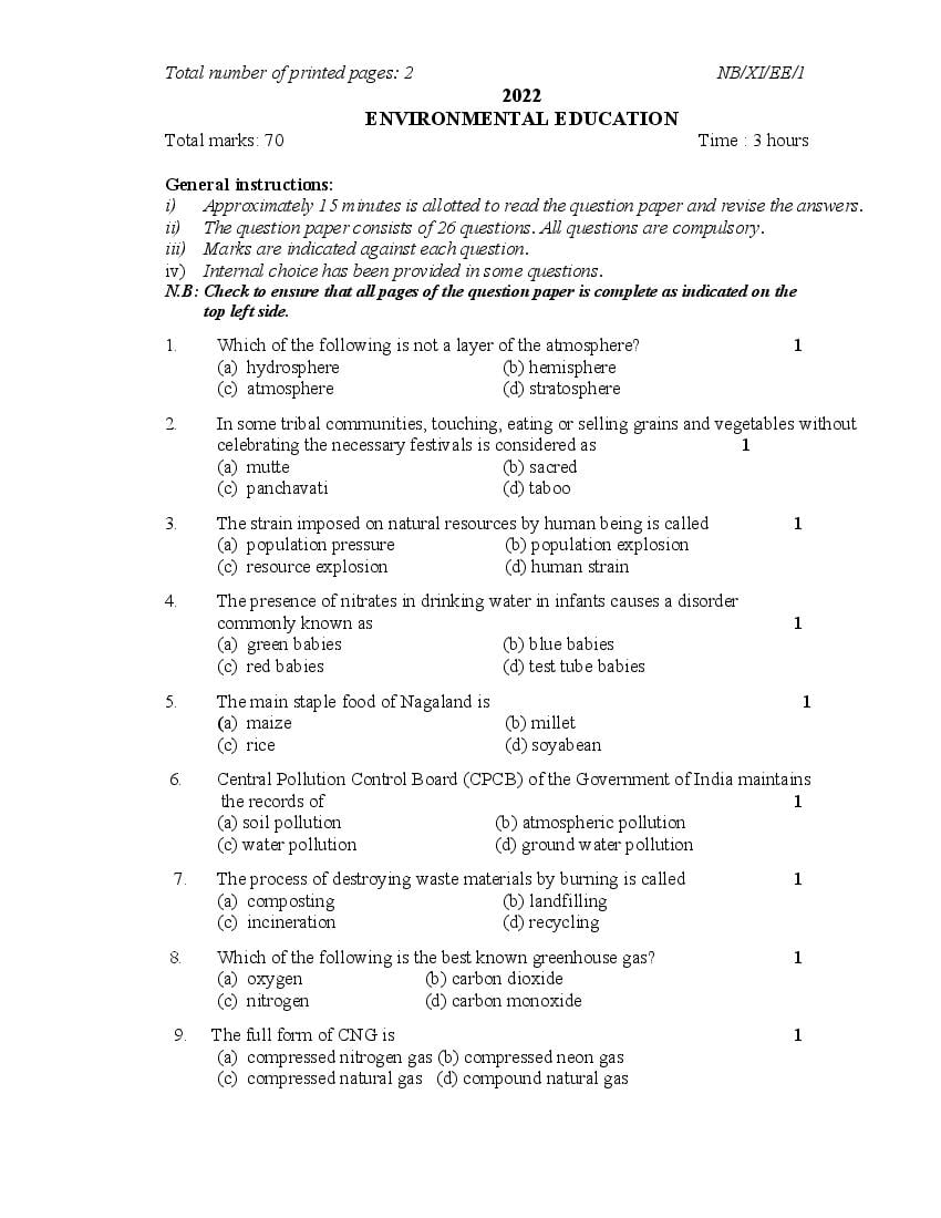 NBSE Class 11 Question Paper 2022 Environmental Education - Page 1