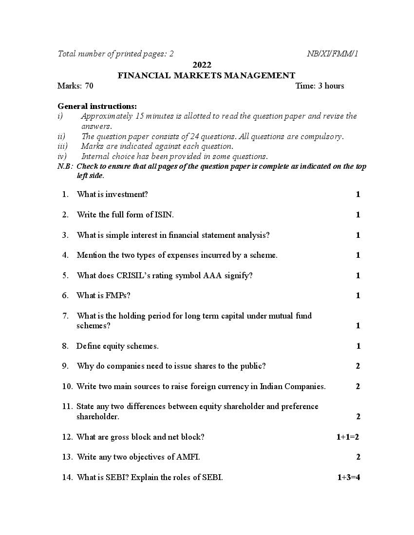NBSE Class 11 Question Paper 2022 Financial Market Management - Page 1
