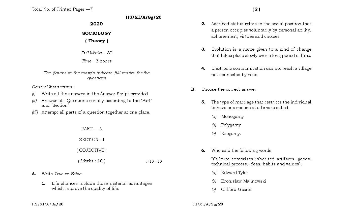 MBOSE Class 11 Question Paper 2020 for Sociology - Page 1