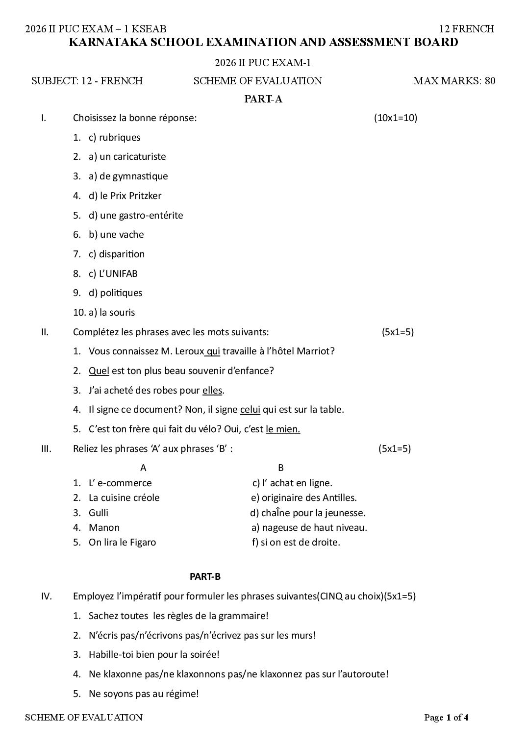 Karnataka 2nd PUC Question Paper 2026 Answer Key French - Page 1 of 4