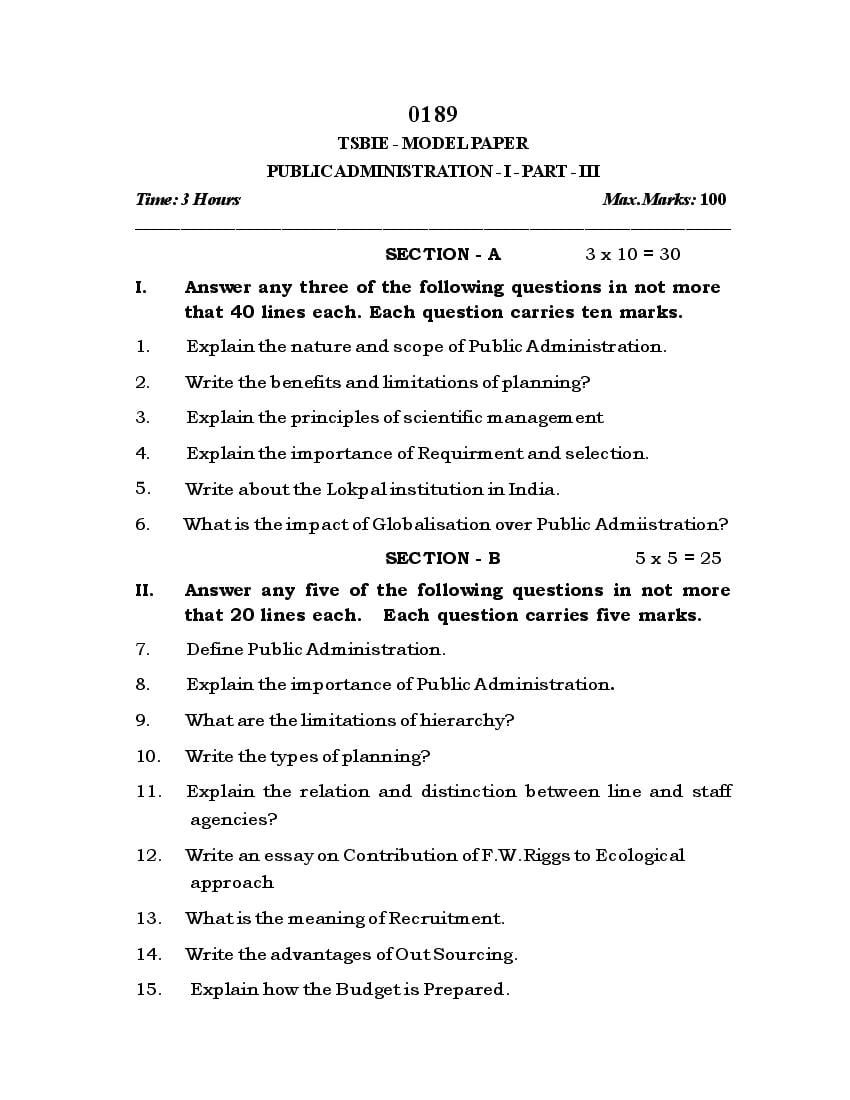 TS Inter 1st Year Model Paper 2021 Public Administration - Page 1