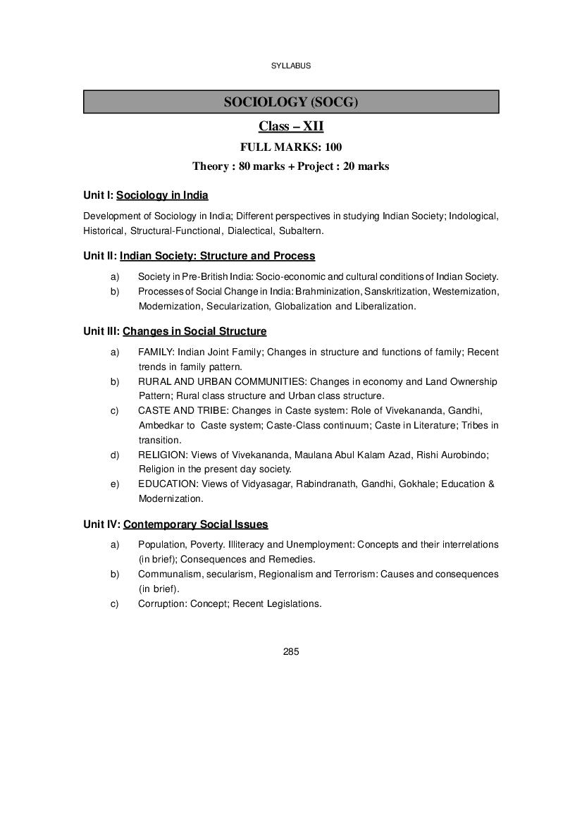 WBCHSE Class 12 Syllabus for Sociology - Page 1