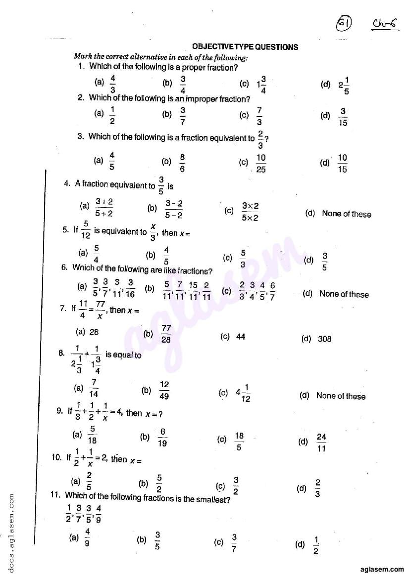 RD Sharma Solutions Class 6 Maths Chapter 6 Fractions MCQ - Page 1