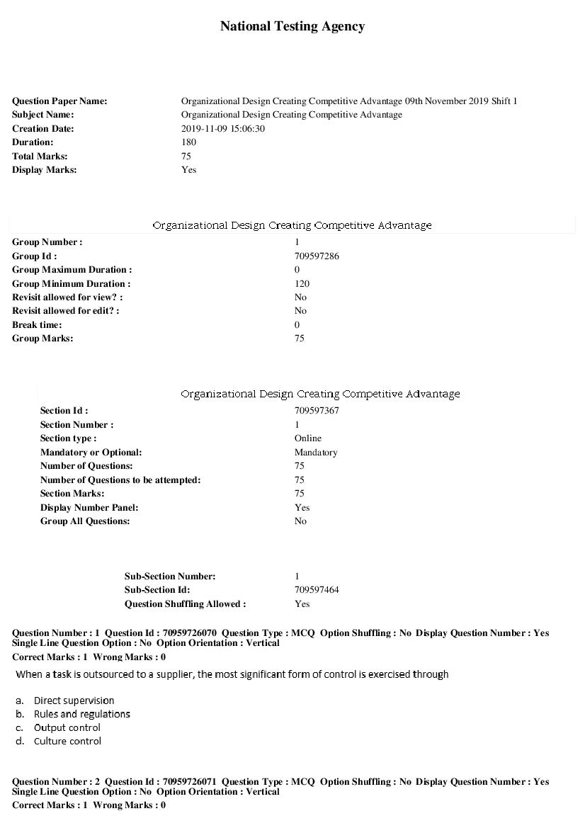 SWAYAM 2019 Question Paper Organizational Design Creating Competitive Advantage - Page 1 of 16