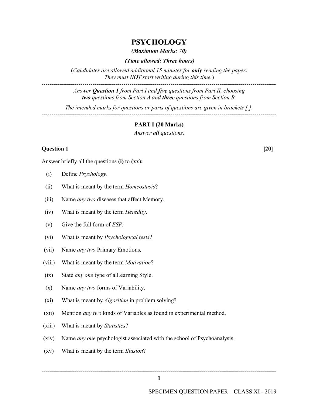ISC Class 11 Specimen Paper 2019 for Psychology - Page 1