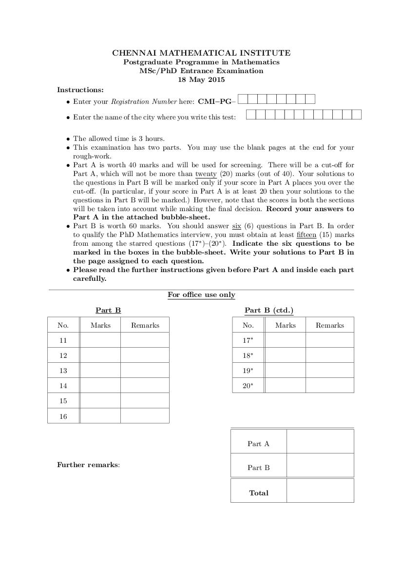 CMI Entrance Exam 2015 Question Paper for M.Sc or Ph.D Mathematics - Page 1