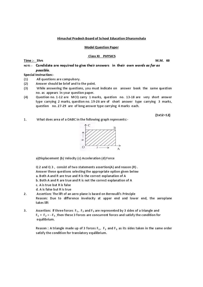 HP Board Class 11 Model Question Paper Physics - Page 1