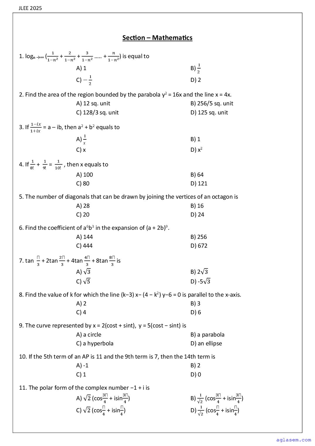 Assam JLEE 2025 Question Paper Chemical Engineering - Page 1 of 14