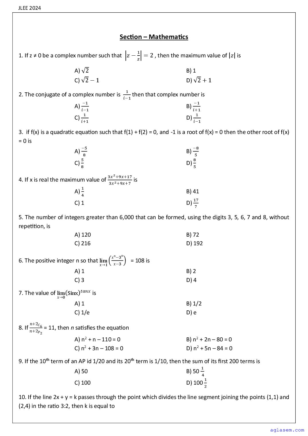 Assam JLEE 2024 Question Paper Mechanical Engineering - Page 1 of 11