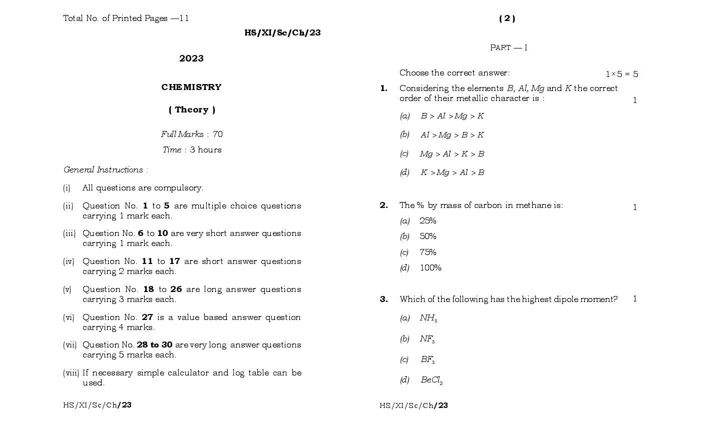 MBOSE Class 11 Question Paper 2023 for Chemistry - Page 1