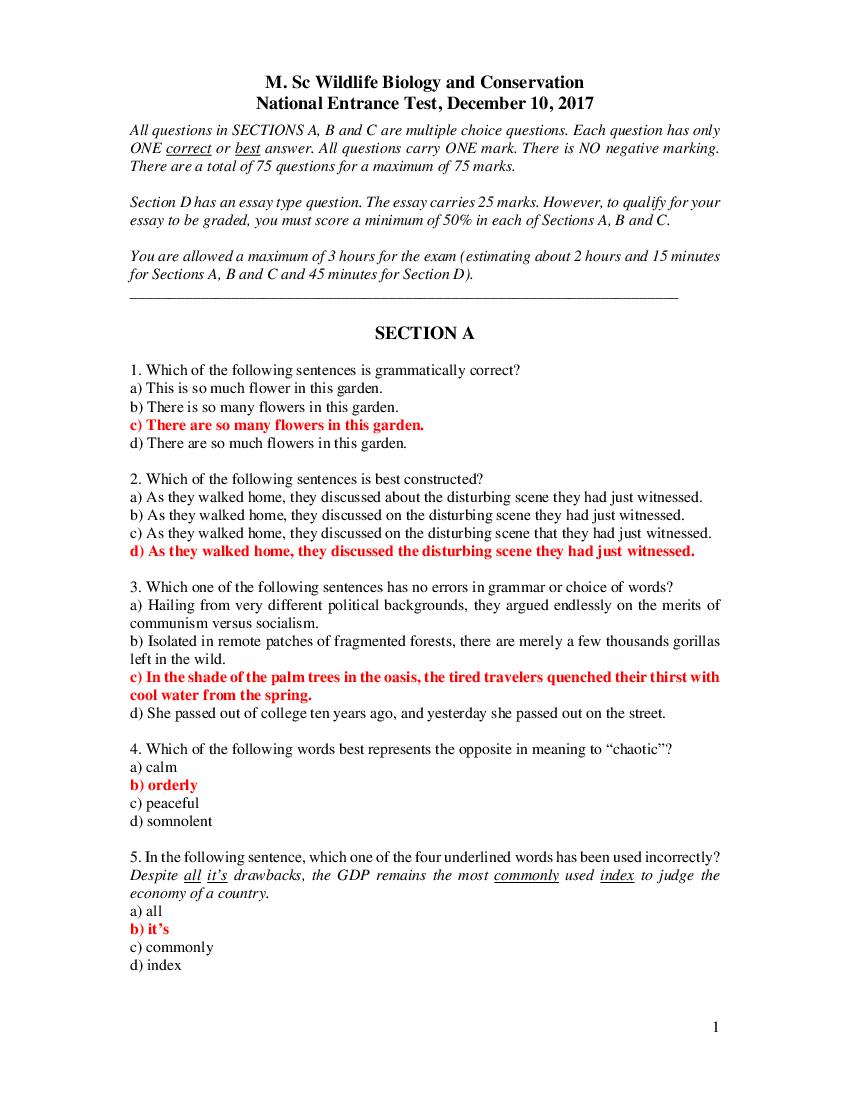 TIFR GS 2018 Question Paper M.Sc Wildlife Biology and Conservation - Page 1 of 21