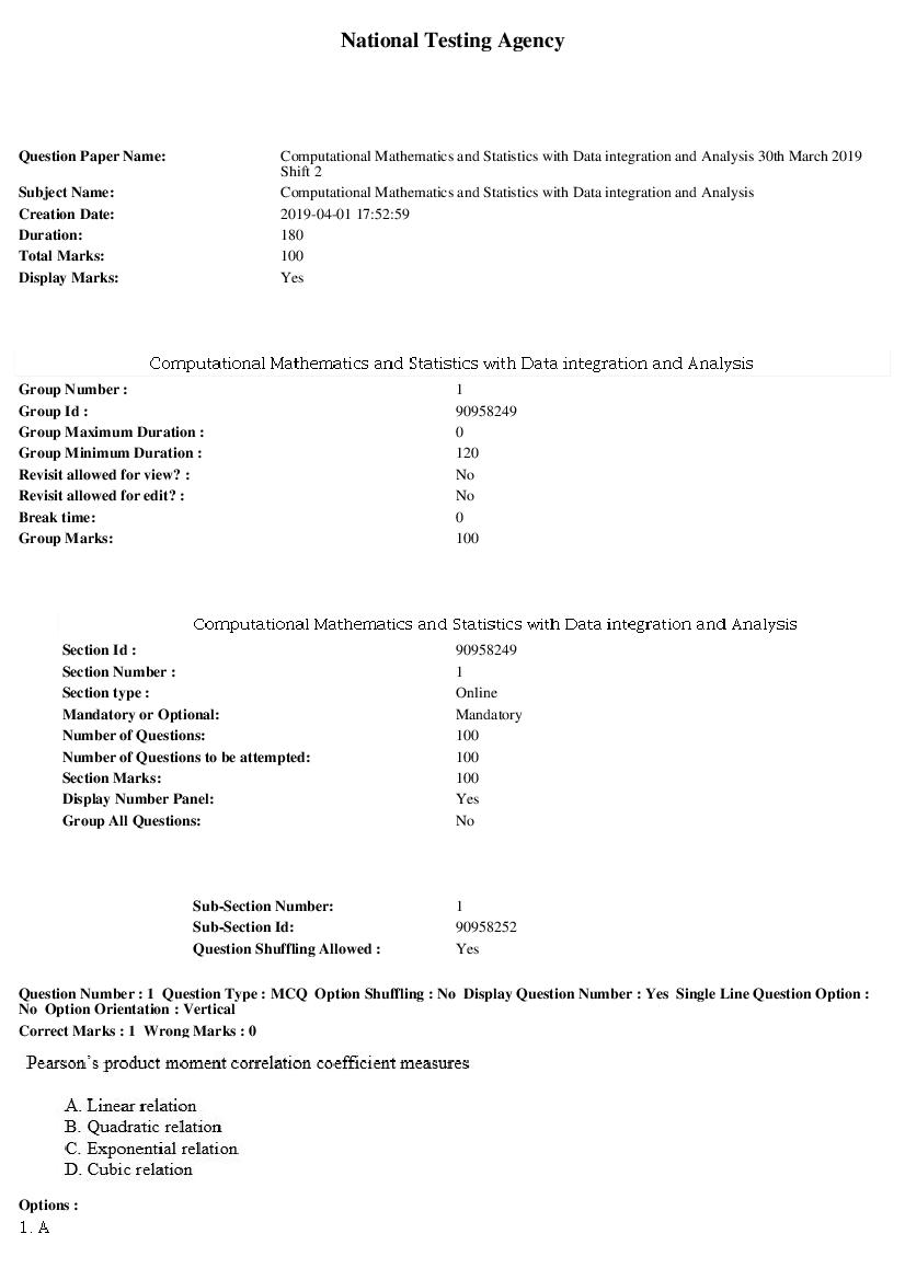 ARPIT 2019 Question Paper for Computational Mathematics and Statistics with Data integration and Analysis Shift 2 - Page 1 of 35