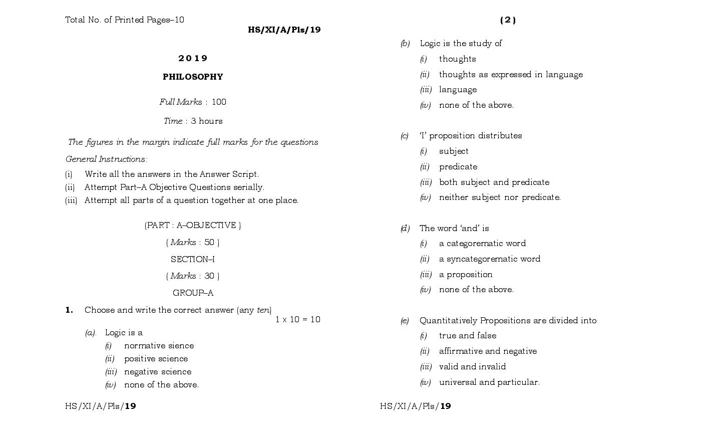 MBOSE Class 11 Question Paper 2019 for Philosophy - Page 1