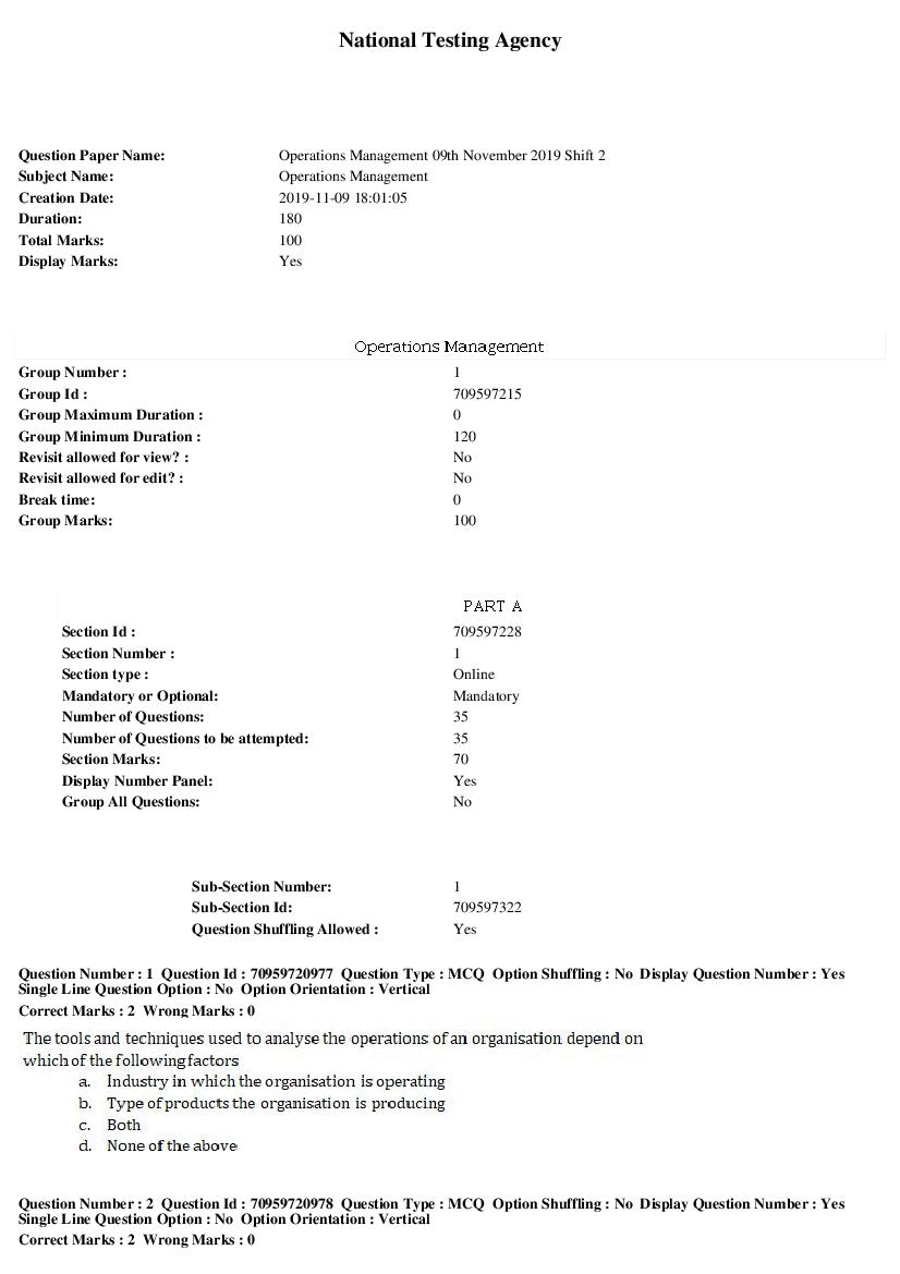 SWAYAM 2019 Question Paper Operations Management - Page 1