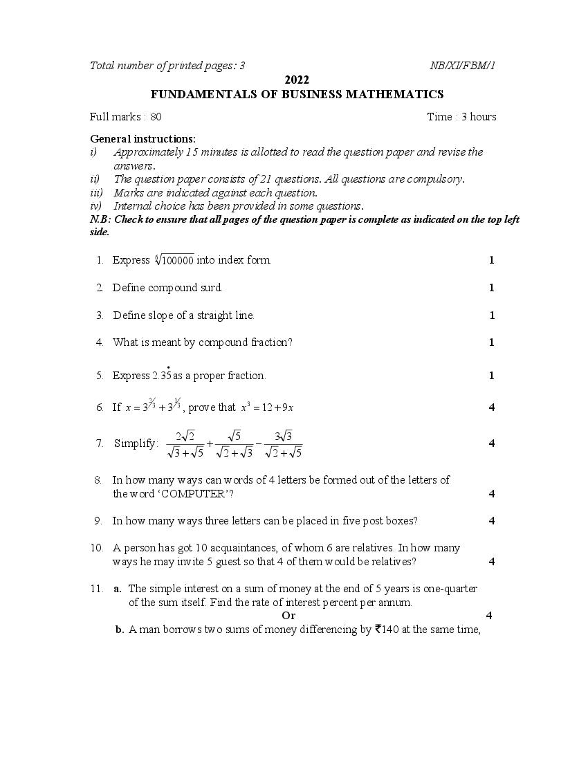 NBSE Class 11 Question Paper 2022 Fundamentals of Business Mathematics - Page 1