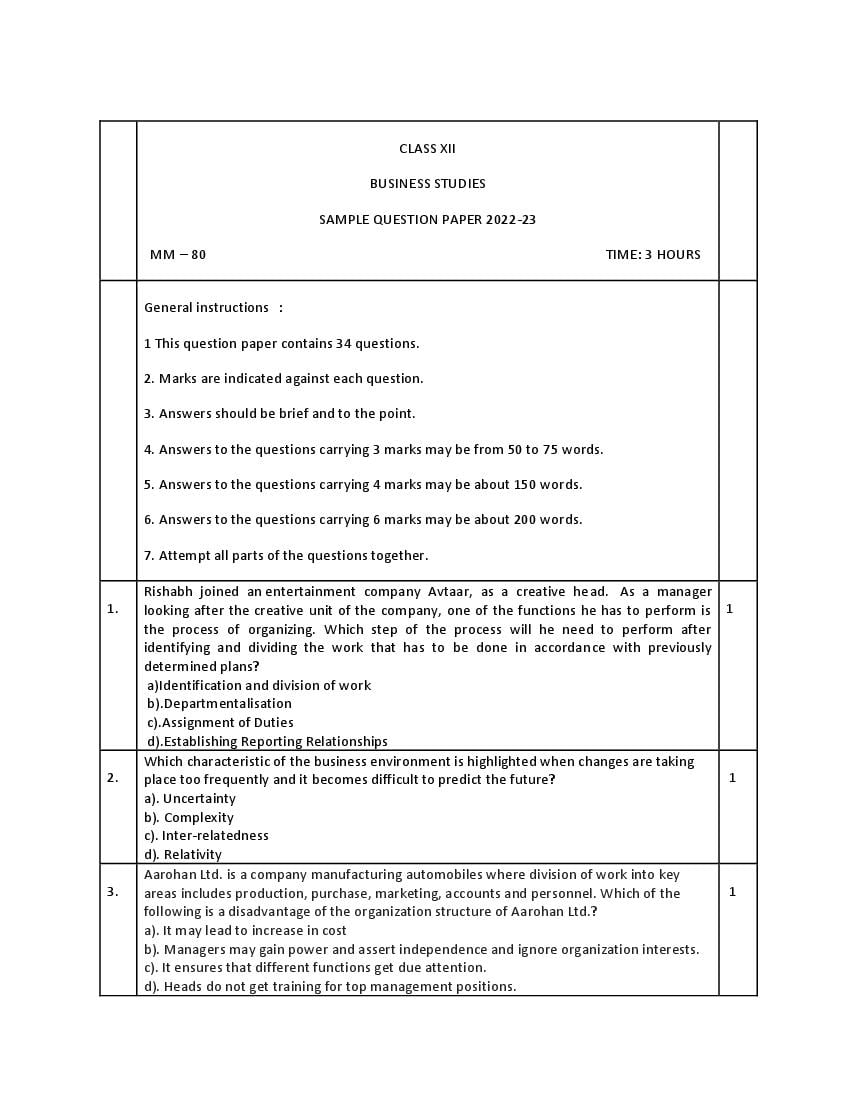 CBSE Class 12 Sample Paper 2023 Business Studies - Page 1