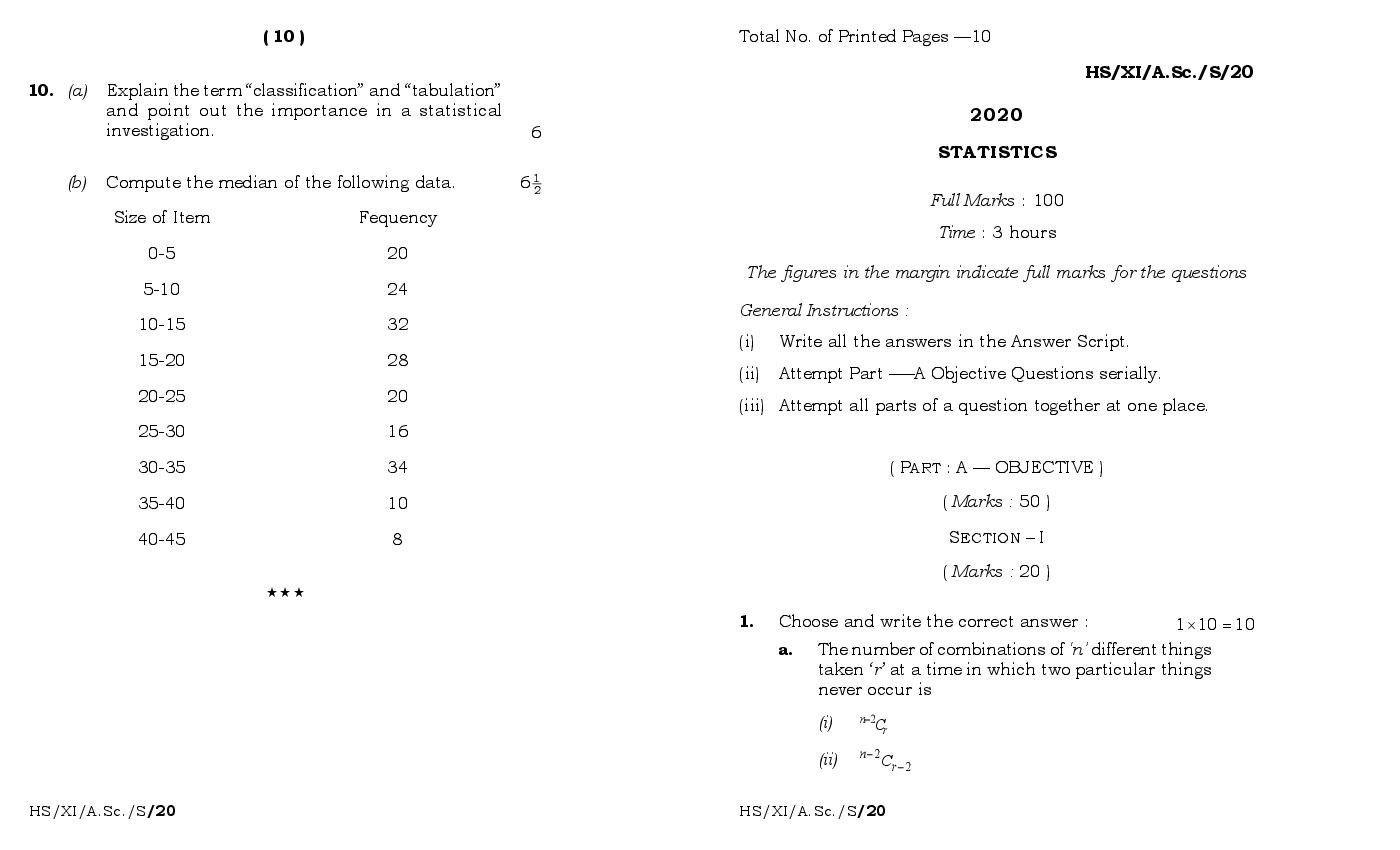 MBOSE Class 11 Question Paper 2020 for Statistics - Page 1