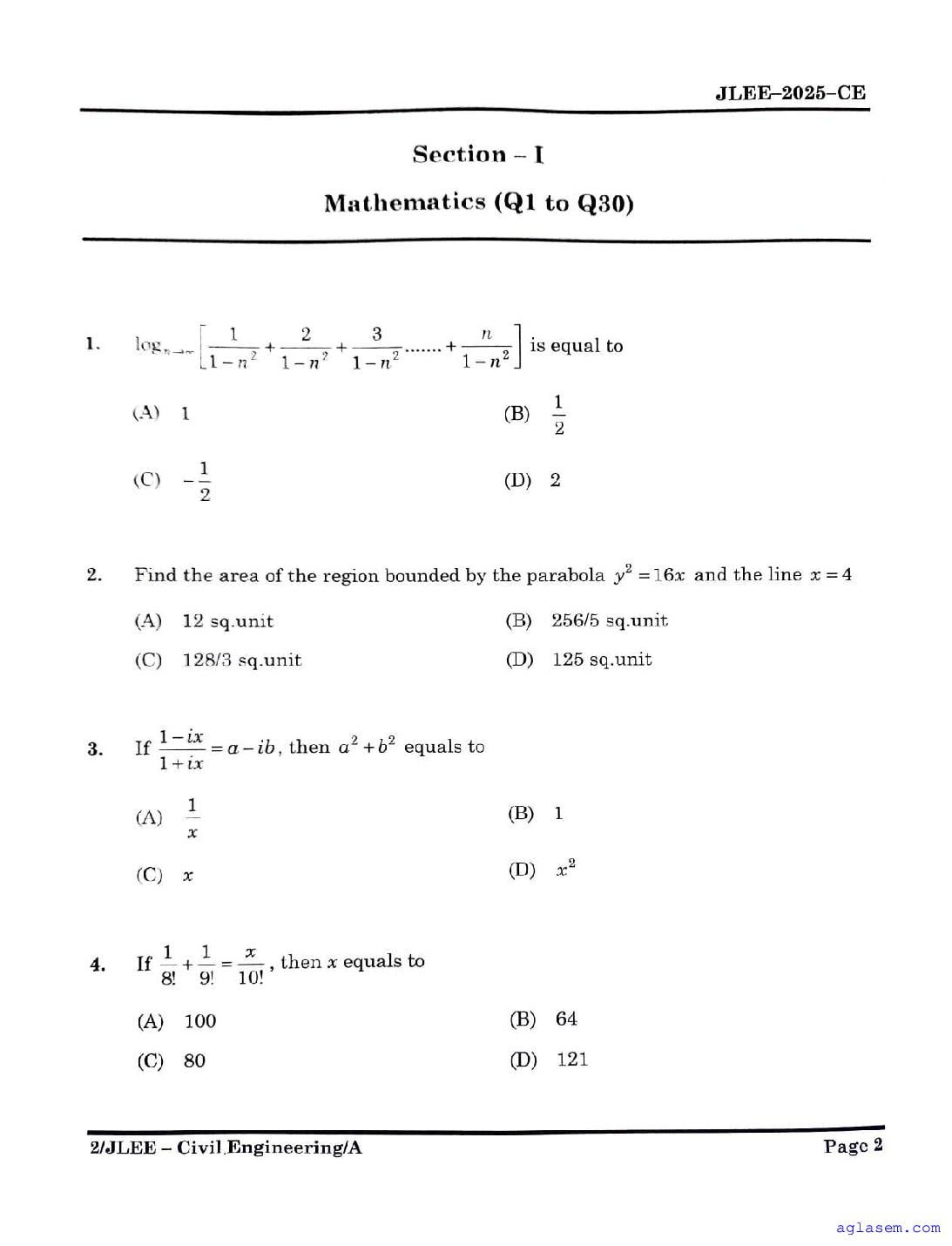 Assam JLEE 2025 Question Paper Civil Engineering - Page 1 of 21