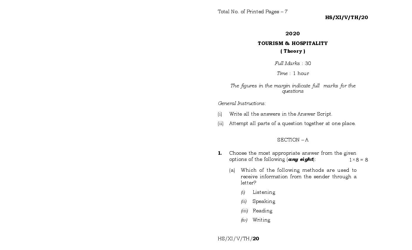 MBOSE Class 11 Question Paper 2020 for Travel Tourism and Hospitality - Page 1