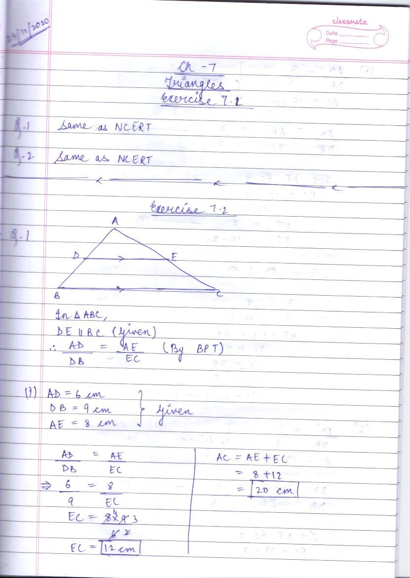 RD Sharma Solutions Class 10 Chapter 7 Triangles Exercise 7.2 - Page 1