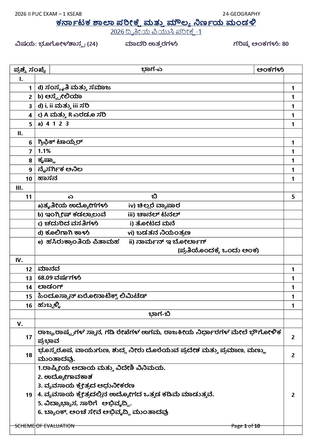 Karnataka 2nd PUC Question Paper 2026 Answer Key Geography - Page 1 of 10