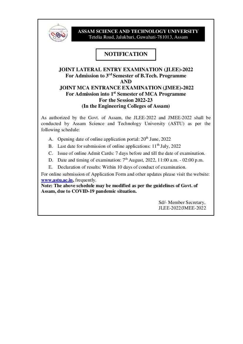 Assam JLEE JMEE 2022 Notification - Page 1
