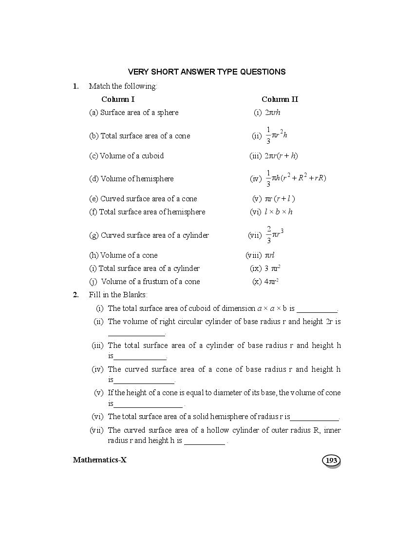 Class 10 Maths Extra Questions Chapter 12 Surface Areas And Volumes - Page 1